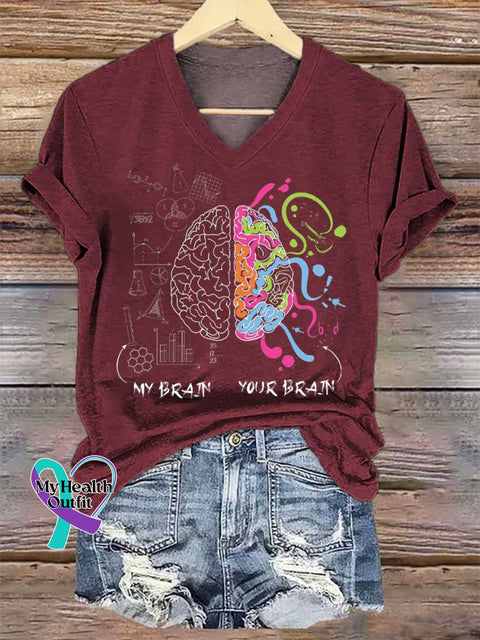 Women’s My Brain Your Brain Neurodiversity Brain Gift Idea for Dyslexia ADHD Autism V-neck Casual T-Shirt Red / S