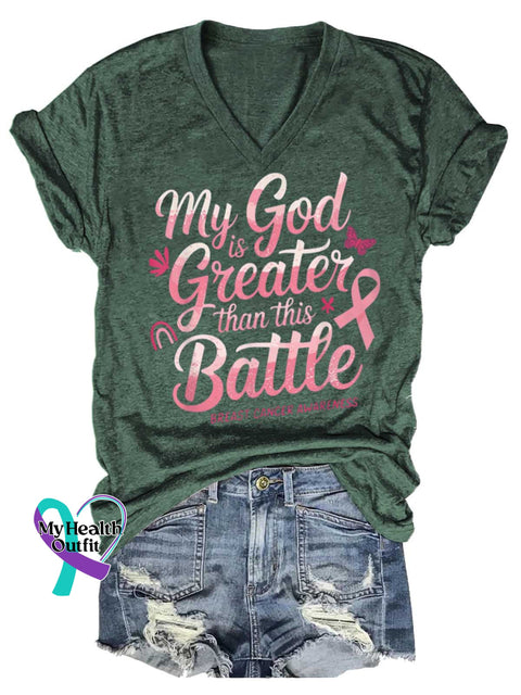 Women’s My God Greater Battle Than This BREAST CANCER AWARENESS V-neck Casual T-Shirt Green / S
