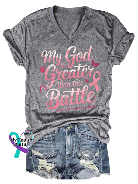 Women’s My God Greater Battle Than This BREAST CANCER AWARENESS V-neck Casual T-Shirt Grey / S