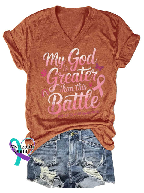 Women’s My God Greater Battle Than This BREAST CANCER AWARENESS V-neck Casual T-Shirt Orange / S