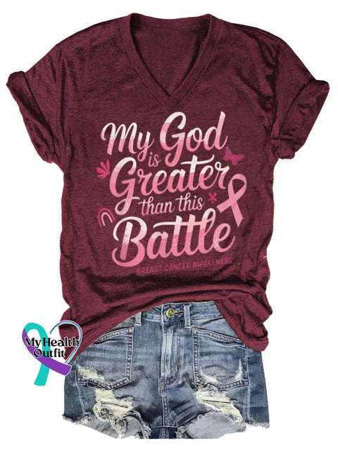 Women’s My God Greater Battle Than This BREAST CANCER AWARENESS V-neck Casual T-Shirt Red / S