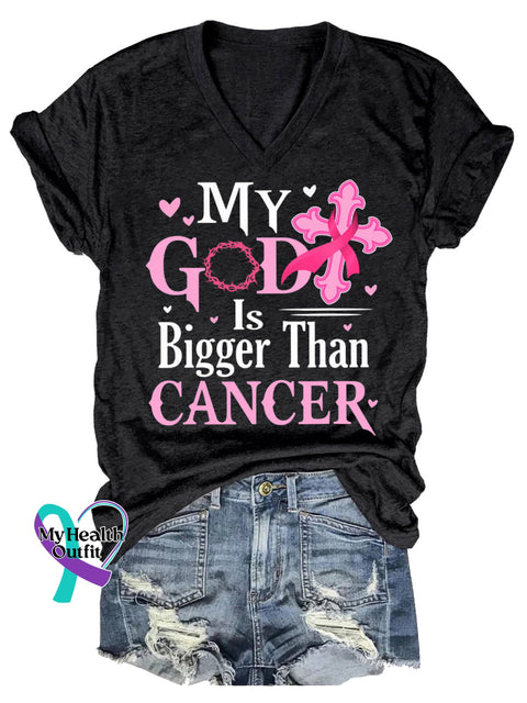 Women’s MY GOD Is Bigger Than CANCER Breast Cancer Awareness V neck Casual T Shirt Black / S