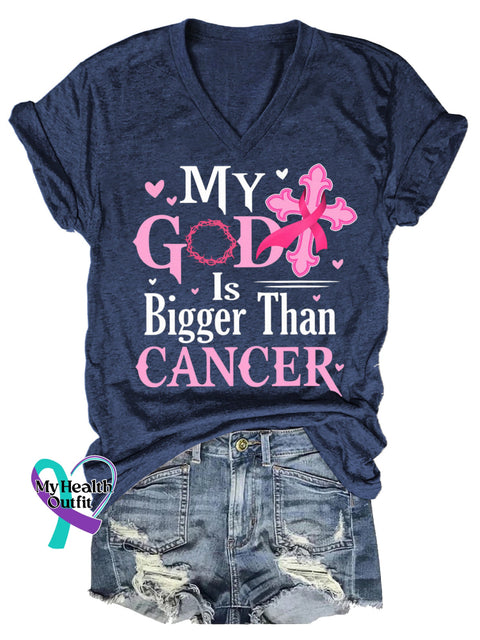 Women’s MY GOD Is Bigger Than CANCER Breast Cancer Awareness V neck Casual T Shirt Blue / S