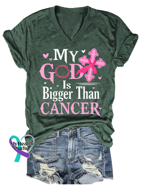 Women’s MY GOD Is Bigger Than CANCER Breast Cancer Awareness V neck Casual T Shirt Green / S