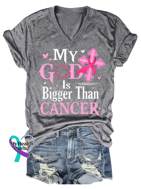 Women’s MY GOD Is Bigger Than CANCER Breast Cancer Awareness V neck Casual T Shirt Grey / S