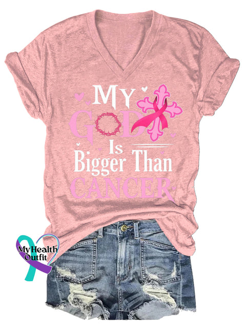 Women’s MY GOD Is Bigger Than CANCER Breast Cancer Awareness V neck Casual T Shirt LightPink / S