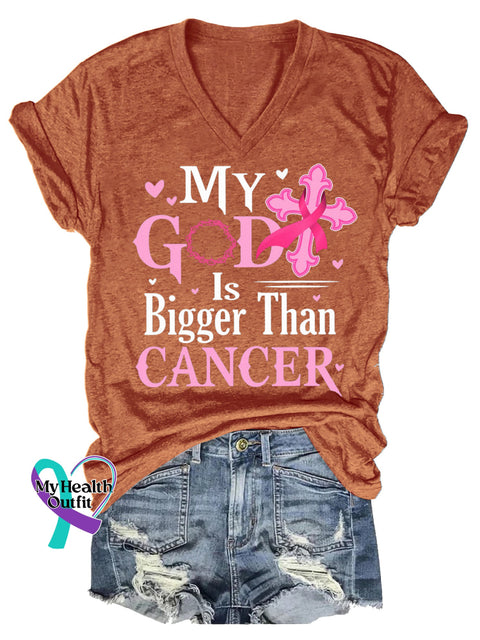 Women’s MY GOD Is Bigger Than CANCER Breast Cancer Awareness V neck Casual T Shirt Orange / S