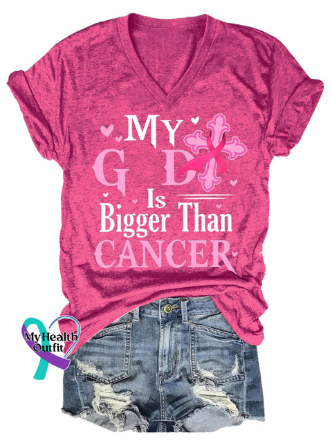Women’s MY GOD Is Bigger Than CANCER Breast Cancer Awareness V neck Casual T Shirt Pink / S