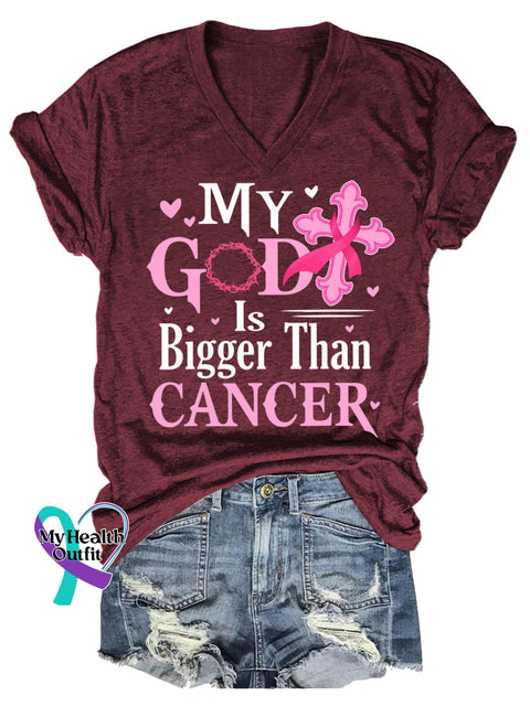 Women’s MY GOD Is Bigger Than CANCER Breast Cancer Awareness V neck Casual T Shirt Red / S