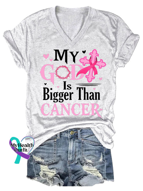 Women’s MY GOD Is Bigger Than CANCER Breast Cancer Awareness V neck Casual T Shirt White / S