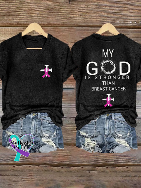 Women’s My God Is Stronger Than Breast Cancer Print V-Neck T-Shirt Black / S