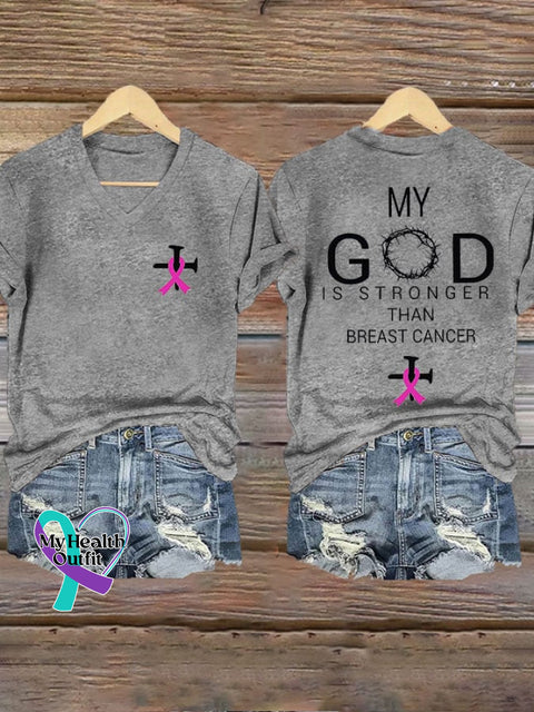 Women’s My God Is Stronger Than Breast Cancer Print V-Neck T-Shirt Light Grey / S