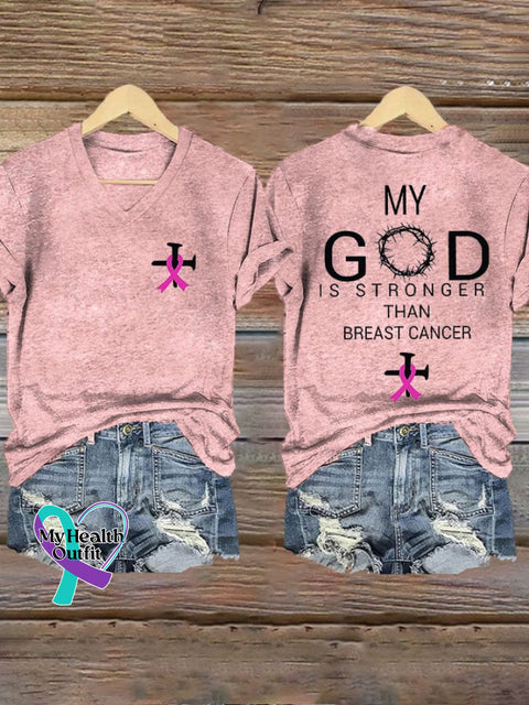 Women’s My God Is Stronger Than Breast Cancer Print V-Neck T-Shirt Pink / S