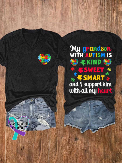 Women’s My Grandson WITH AUTISM IS KIND SWEET SMART and I Support Him with All My Heart Autism Awareness V-neck Casual