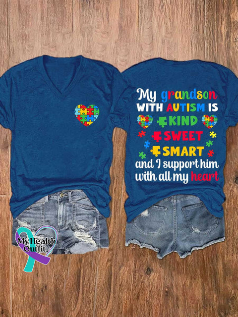 Women’s My Grandson WITH AUTISM IS KIND SWEET SMART and I Support Him with All My Heart Autism Awareness V-neck Casual