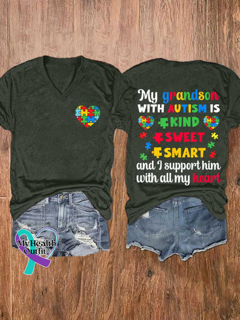 Women’s My Grandson WITH AUTISM IS KIND SWEET SMART and I Support Him with All My Heart Autism Awareness V-neck Casual