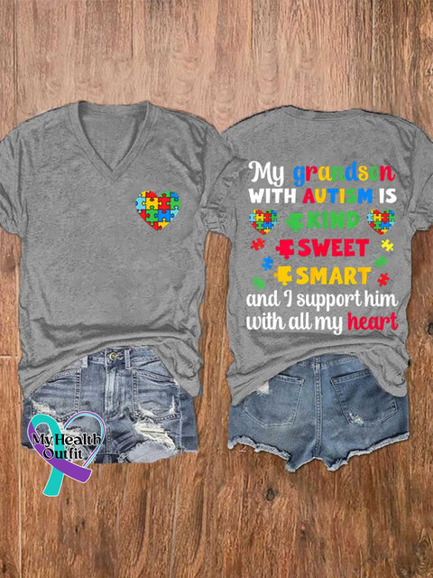 Women’s My Grandson WITH AUTISM IS KIND SWEET SMART and I Support Him with All My Heart Autism Awareness V-neck Casual