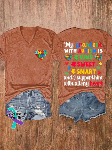 Women’s My Grandson WITH AUTISM IS KIND SWEET SMART and I Support Him with All My Heart Autism Awareness V-neck Casual