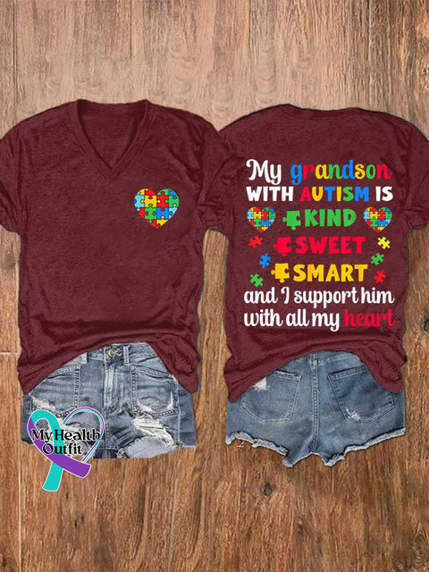 Women’s My Grandson WITH AUTISM IS KIND SWEET SMART and I Support Him with All My Heart Autism Awareness V-neck Casual