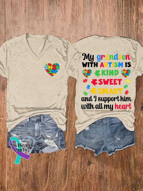 Women’s My Grandson WITH AUTISM IS KIND SWEET SMART and I Support Him with All My Heart Autism Awareness V-neck Casual
