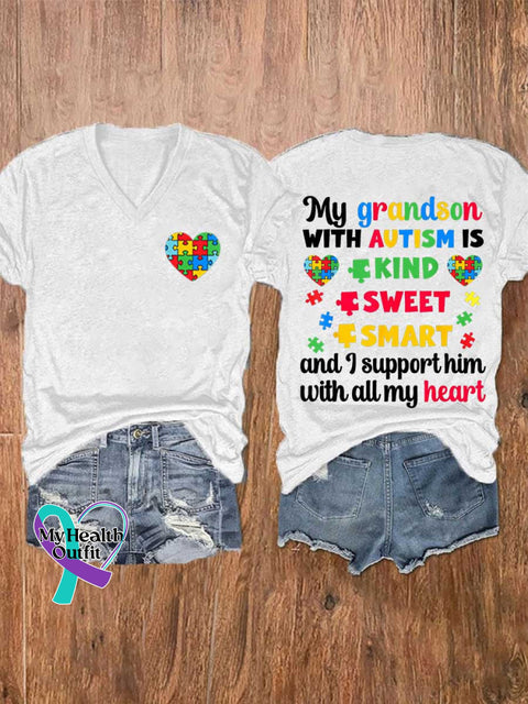 Women’s My Grandson WITH AUTISM IS KIND SWEET SMART and I Support Him with All My Heart Autism Awareness V-neck Casual