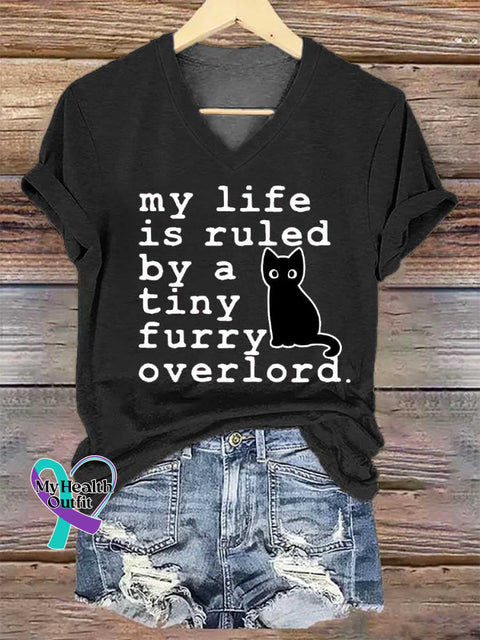 Women’s My Life Is Ruled By A Tiny Overlord.cat V-neck Casual T-Shirt Black / S