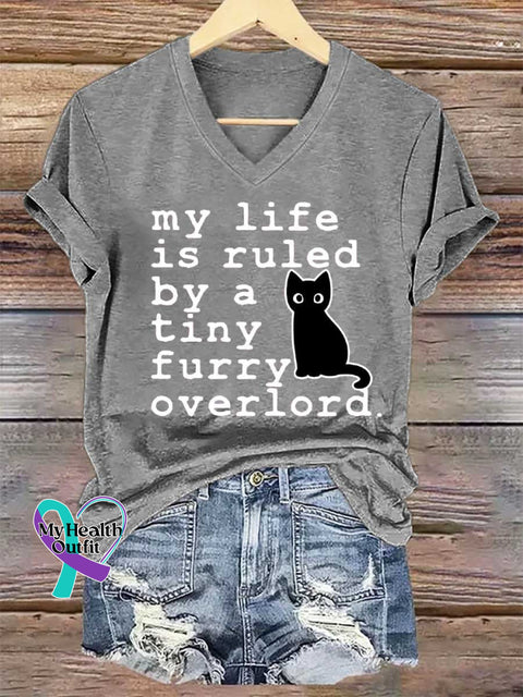 Women’s My Life Is Ruled By A Tiny Overlord.cat V-neck Casual T-Shirt Grey / S