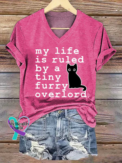 Women’s My Life Is Ruled By A Tiny Overlord.cat V-neck Casual T-Shirt Pink / S
