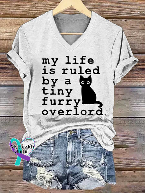 Women’s My Life Is Ruled By A Tiny Overlord.cat V-neck Casual T-Shirt White / S