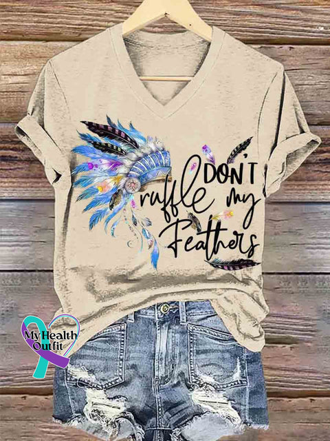 Women’s Native Americans Feather Art V neck Casual T Shirt Apricot / S