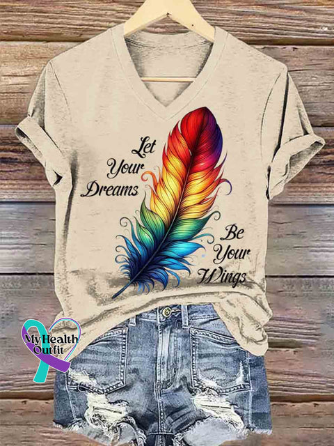 Women’s Native Americans Feather Art V neck Casual T Shirt Apricot / S