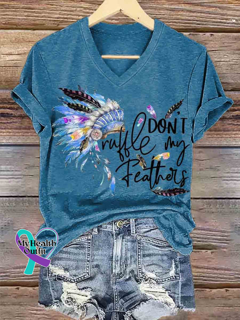Women’s Native Americans Feather Art V neck Casual T Shirt Blue / S