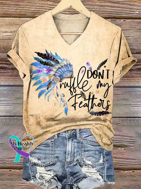 Women’s Native Americans Feather Art V neck Casual T Shirt Khaki / S