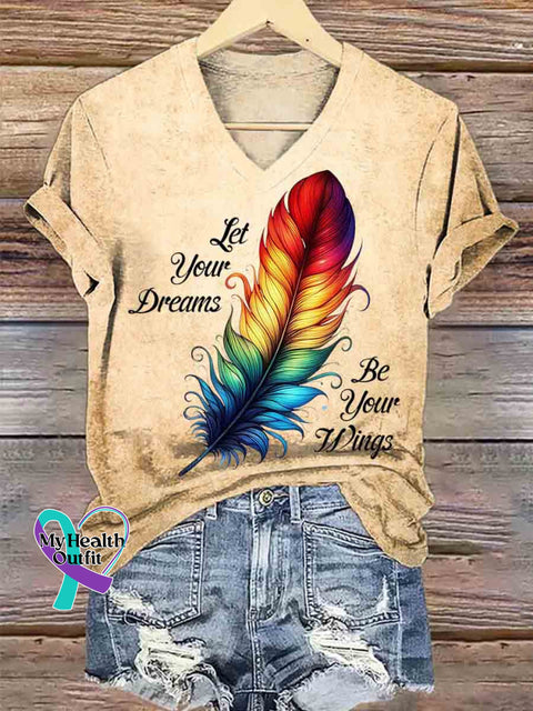 Women’s Native Americans Feather Art V neck Casual T Shirt Khaki / S