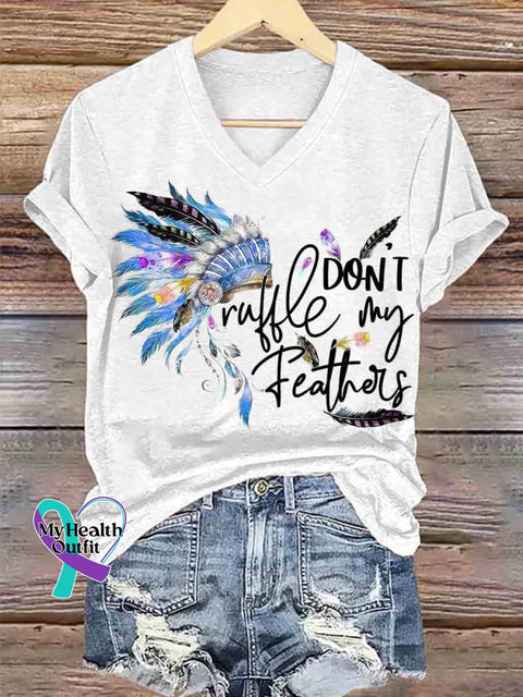 Women’s Native Americans Feather Art V neck Casual T Shirt White / S