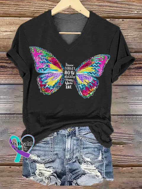 Women’s Never FORGET HOW Wildly CAPABLE You ARE Butterfly V-neck Casual T-Shirt Black / S