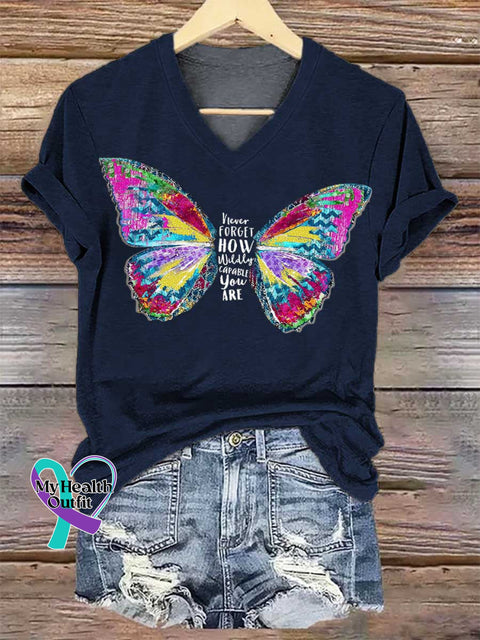 Women’s Never FORGET HOW Wildly CAPABLE You ARE Butterfly V-neck Casual T-Shirt Blue / S