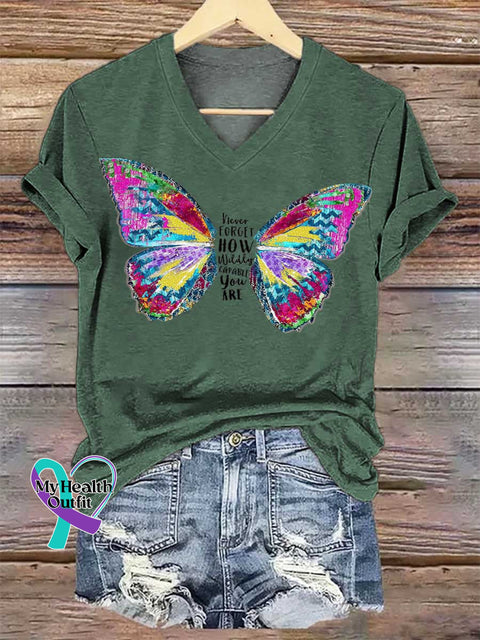 Women’s Never FORGET HOW Wildly CAPABLE You ARE Butterfly V-neck Casual T-Shirt Green / S