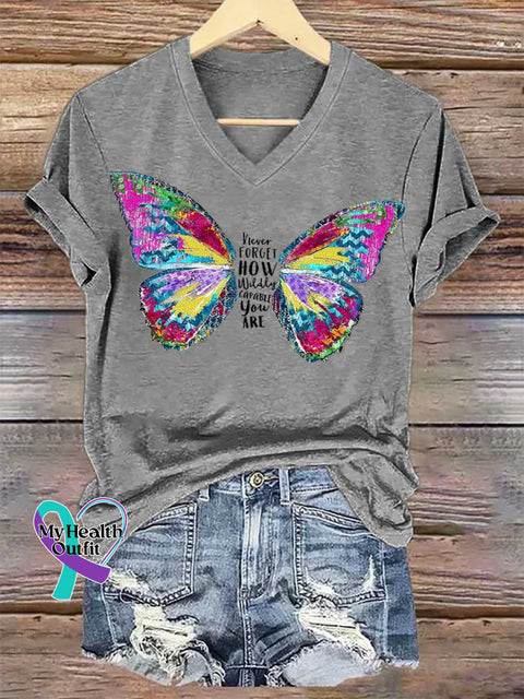 Women’s Never FORGET HOW Wildly CAPABLE You ARE Butterfly V-neck Casual T-Shirt Grey / S