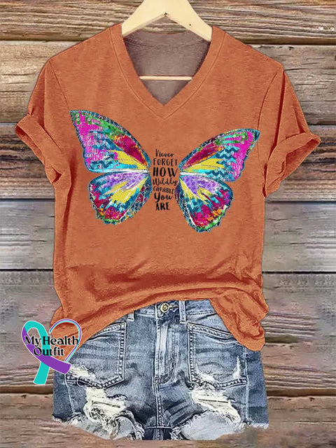 Women’s Never FORGET HOW Wildly CAPABLE You ARE Butterfly V-neck Casual T-Shirt Orange / S
