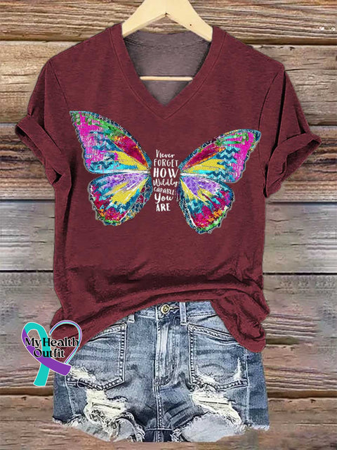 Women’s Never FORGET HOW Wildly CAPABLE You ARE Butterfly V-neck Casual T-Shirt Red / S