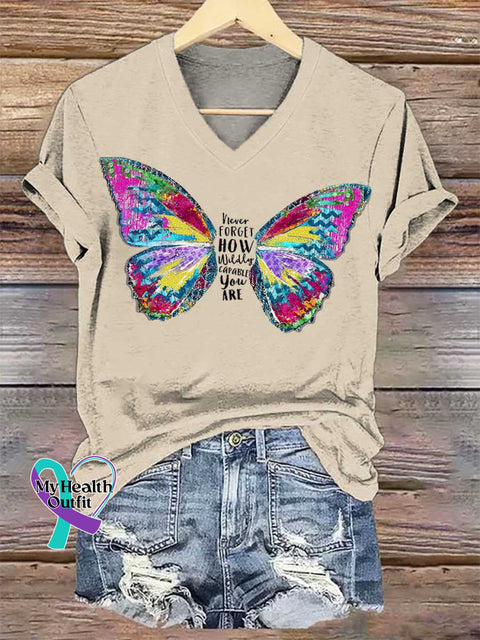 Women’s Never FORGET HOW Wildly CAPABLE You ARE Butterfly V-neck Casual T-Shirt Sand / S