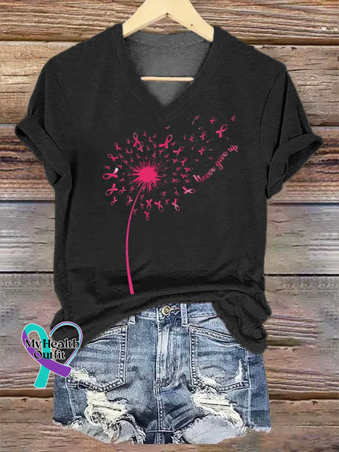Women’s Never Give Up Breast Cancer Awareness V-neck Casual T-Shirt Black / S