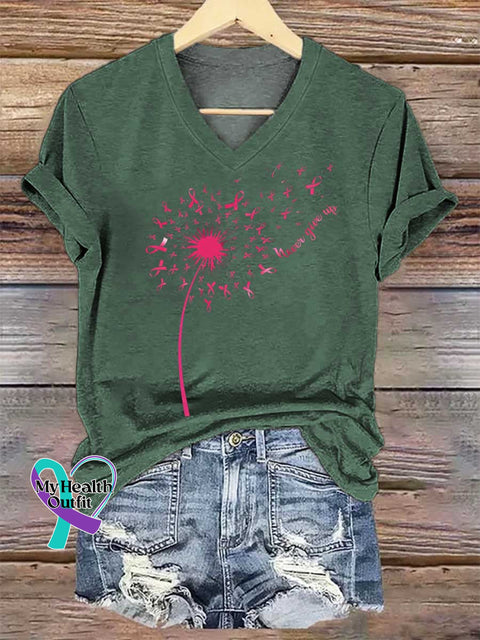 Women’s Never Give Up Breast Cancer Awareness V-neck Casual T-Shirt Green / S