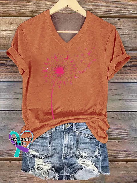 Women’s Never Give Up Breast Cancer Awareness V-neck Casual T-Shirt Orange / S