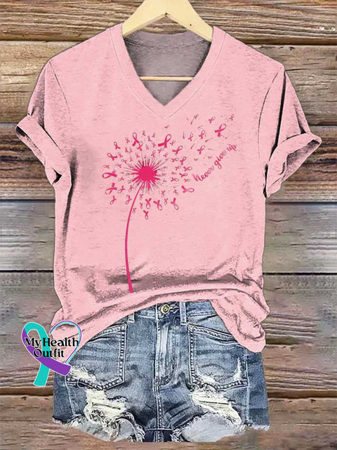 Women’s Never Give Up Breast Cancer Awareness V-neck Casual T-Shirt Pink / S