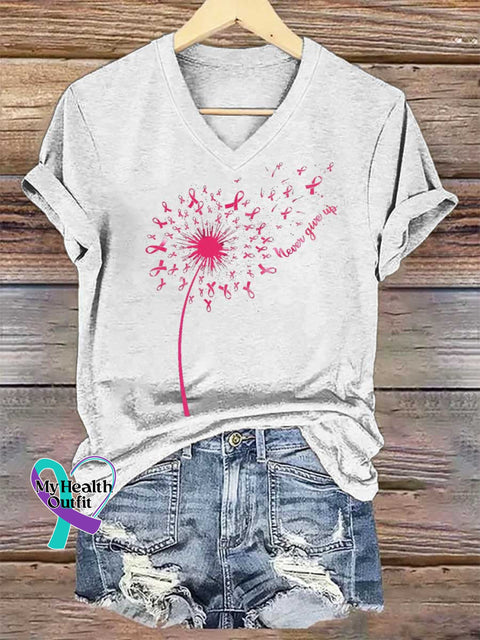 Women’s Never Give Up Breast Cancer Awareness V-neck Casual T-Shirt White / S