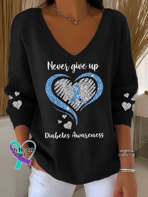 Women’s Never Give Up Diabetes Awareness Print V Neck Sweater Black / S