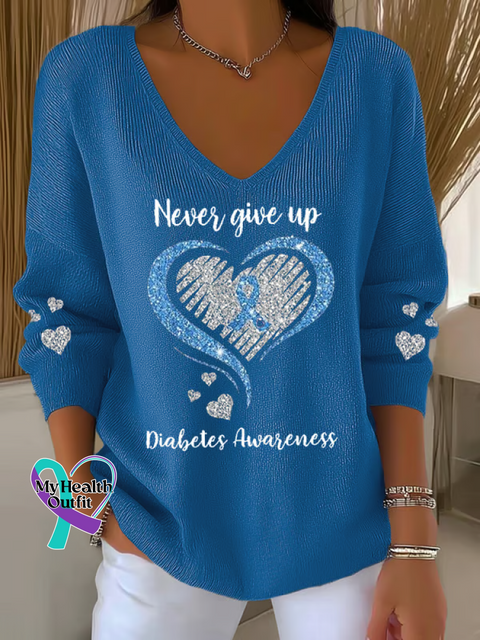 Women’s Never Give Up Diabetes Awareness Print V Neck Sweater Blue / S