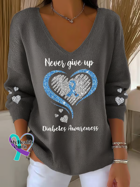 Women’s Never Give Up Diabetes Awareness Print V Neck Sweater Grey / S